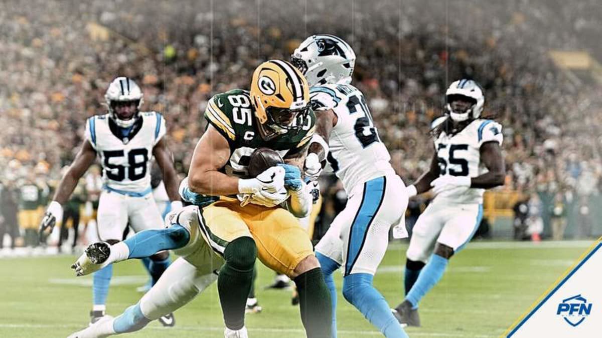 Oct 29, 2026; Green Bay, Wisconsin, USA; Green Bay Packers tight end Tucker Kraft (85) makes a touchdown catch against the Carolina Panthers at Lambeau Field. © Jeff Hanisch-Imagn Images