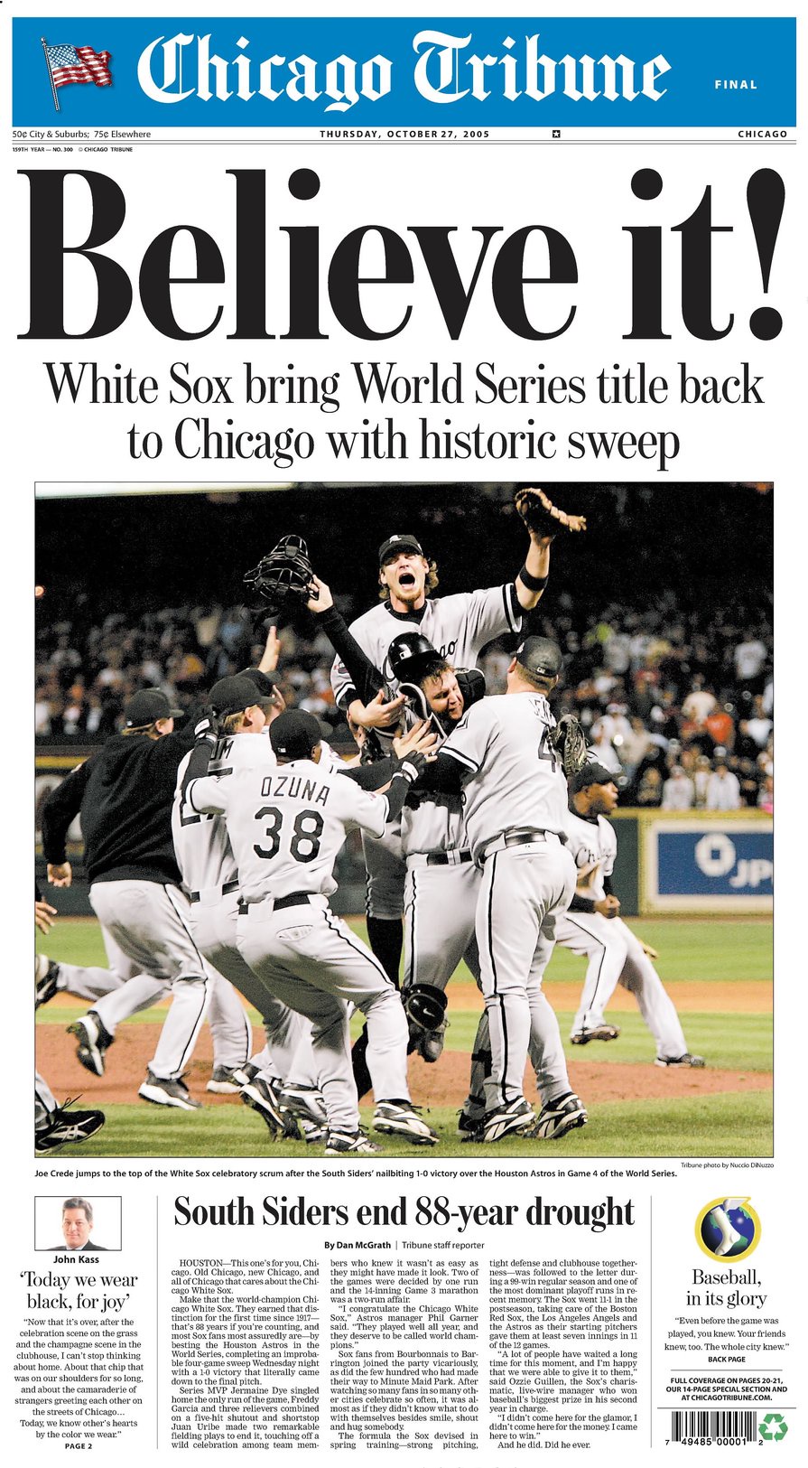 The Chicago White Sox swept the Houston Astros on Oct. 26, 2005, to win the team's third World Series. (Chicago Tribune)