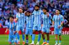 Coventry City players during the penalty shoot-out of the Emirates FA Cup semi-final match at Wembley Stadium, London. Picture date: Sunday April 21, 2024. PA Photo. See PA story SOCCER Coventry. Photo credit should read: Bradley Collyer/PA Wire.