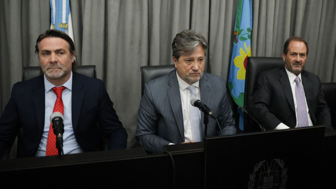 Judges Alberto Ortolani, Alberto Gaig and Pablo Rolón attend a court hearing in the trial over the death of Diego Maradona in San Isidro, Buenos Aires province, Argentina, on October 8, 2026. 