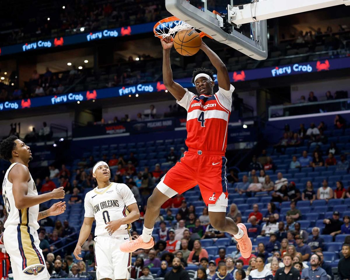 AJ Dybantsa landed awkwardly and tweaked his left ankle during the final preseason game against the Pelicans on Friday night.Credit: Tyler Kaufman/Getty