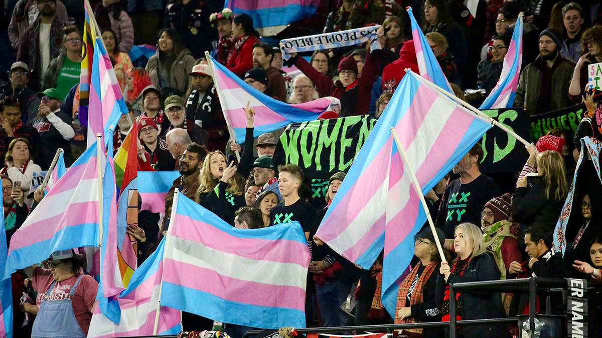 Save Women’s Sports activists are surrounded by an agitated group of trans supporters after unfurling a large 