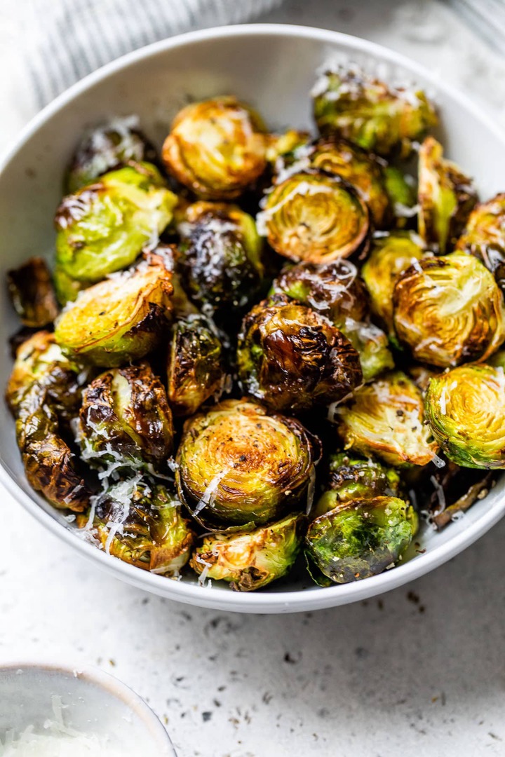 Brussels sprouts in a bowl with cheese