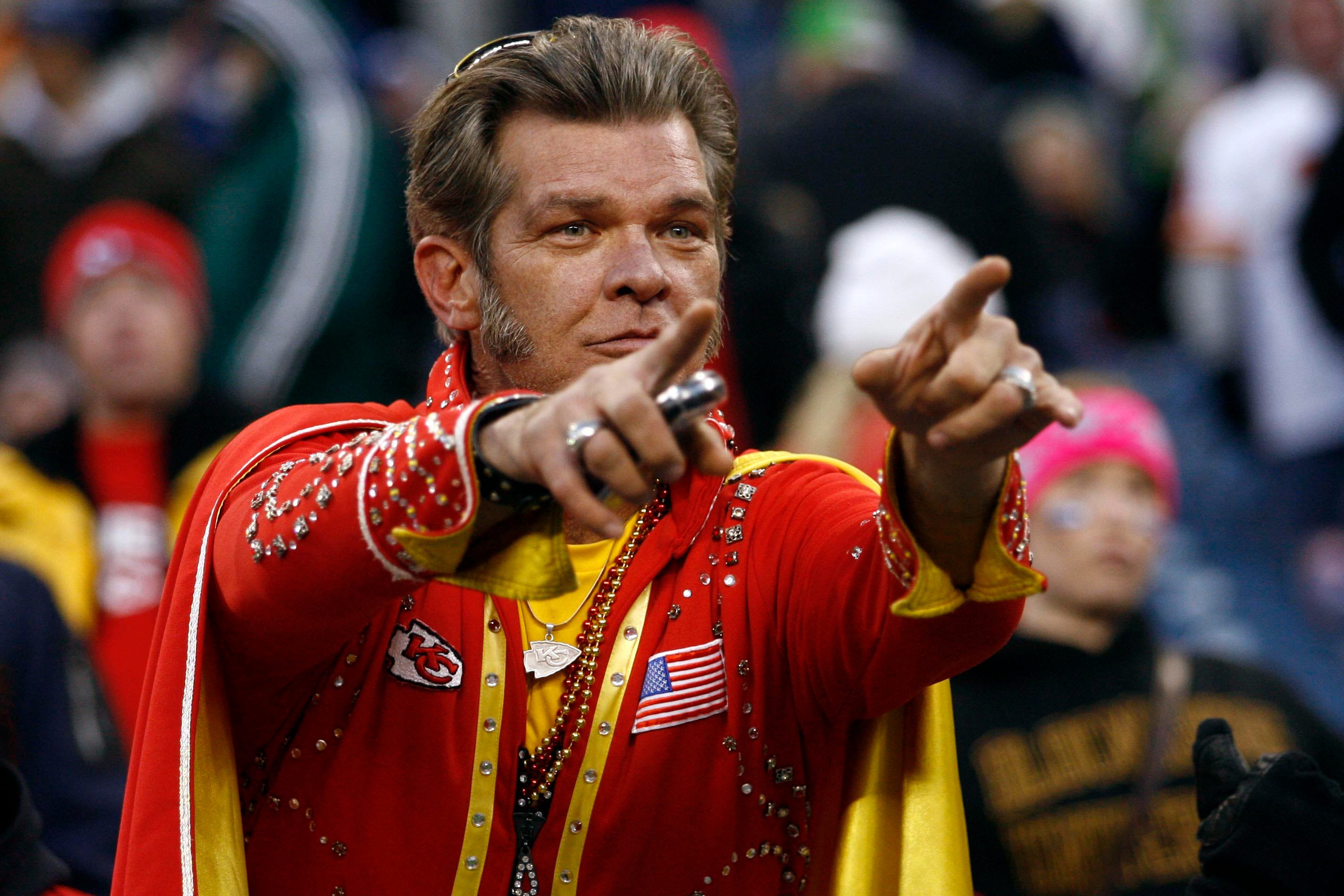 November 28, 2010, Seattle, WA USA; A Kansas City Chiefs fan celebrates during the final minutes of a 42-24 victory against the Seattle Seahawks at Qwest Field. Kansas City defeated Seattle, 42-24. Mandatory Credit: Joe Nicholson-USA TODAY Sports