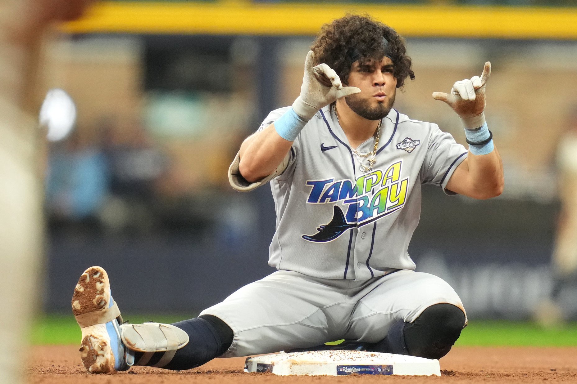 Jonathan Aranda of the Tampa Bay Rays celebrates a double against the Milwaukee Brewers during the fifth inning in game two of the 2026 World Series at American Family Field on October 24, 2026 in Milwaukee, Wisconsin.