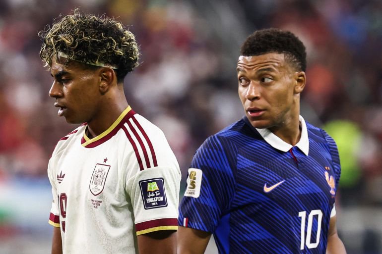France's forward #10 Kylian Mbappe (R) reacts past Spain's forward #19 Lamine Yamal during the 2026 World Cup football tournament semi-final match between France and Spain at the Dallas Stadium in Arlington on July 14, 2026. (Photo by FRANCK FIFE / AFP)