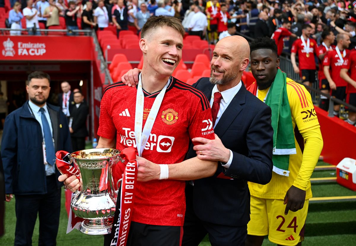 Scott McTominay holding the FA Cup alongside Erik ten Hag
