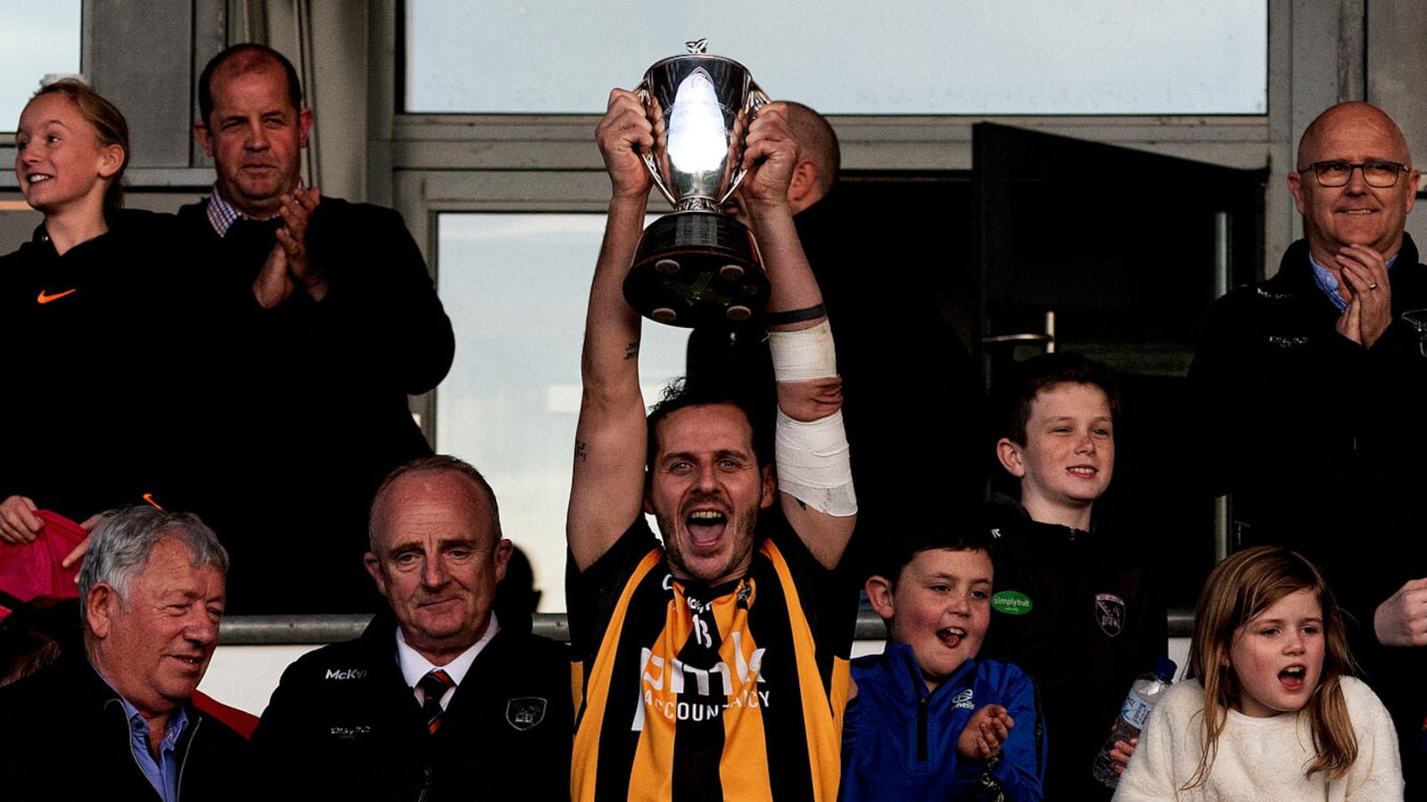 Captain Jamie Clarke lifts the Gerry Fegan Cup after Crossmaglen's Armagh final victory over Clan na Gael. Picture by Seamus Loughran