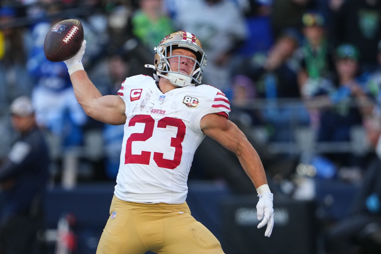 49ers running back Christian McCaffrey celebrates a touchdown, one of his five scores this season. (AP Photo/Lindsey Wasson)