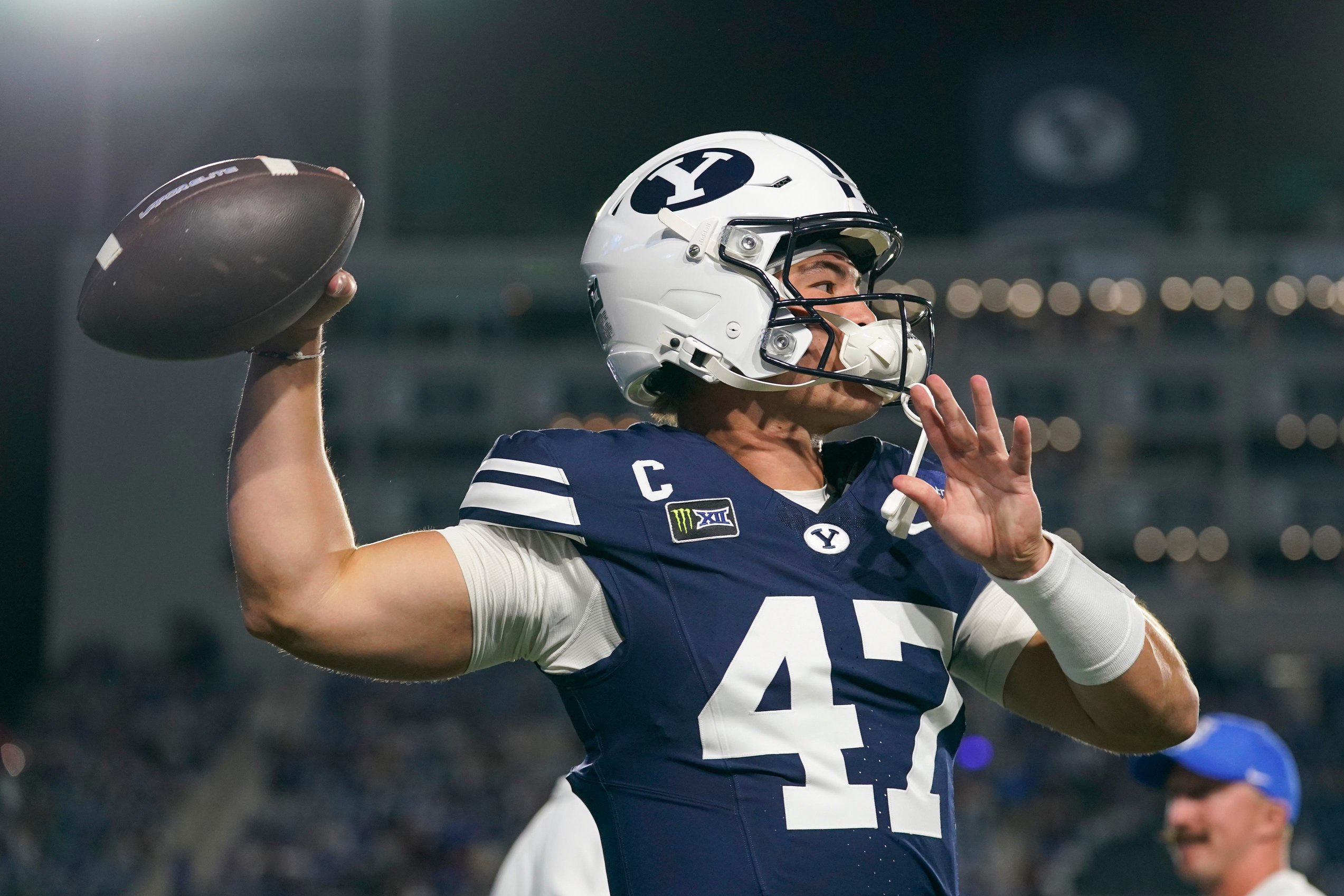 Oct 9, 2026; Provo, Utah, USA;  BYU Cougars quarterback Bear Bachmeier (47) warms up prior to a game against the Iowa State Cyclones at LaVell Edwards Stadium.  Mandatory Credit: Aaron Baker-Imagn Images