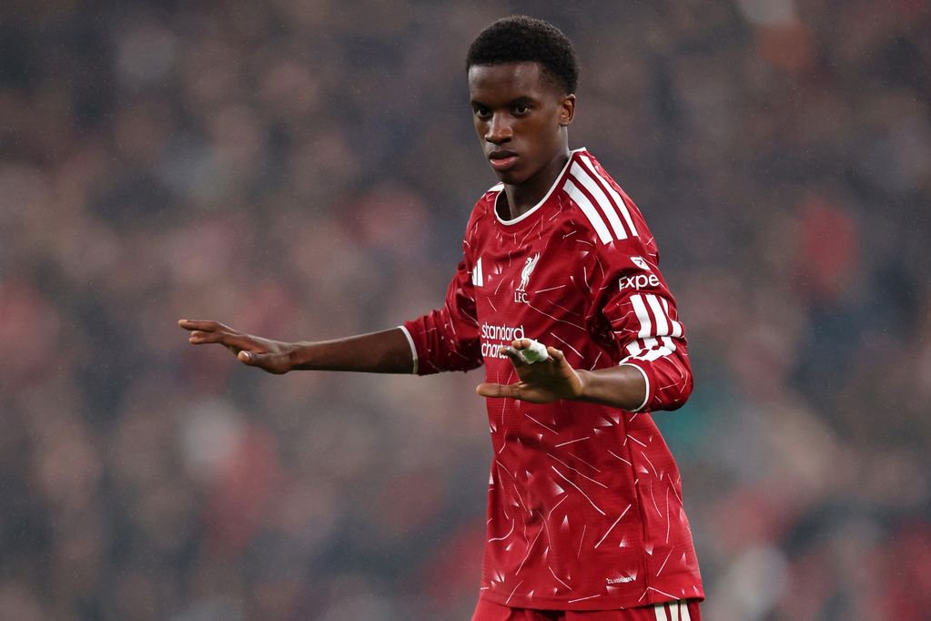 Trey Nyoni of Liverpool in action during the UEFA Champions League 2026/27 League Phase MD3 match between Liverpool FC and Villarreal CF