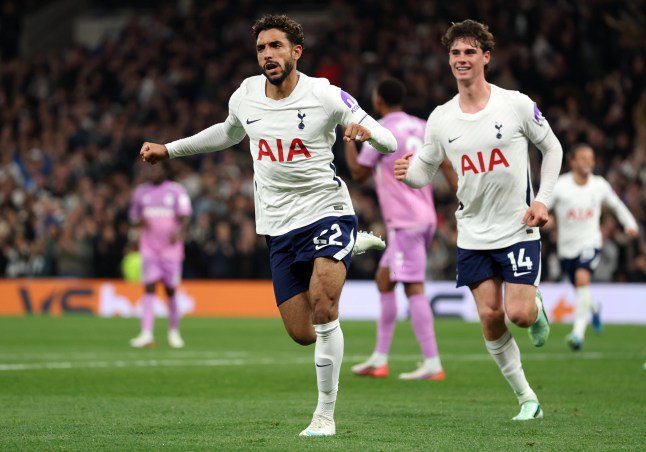 LONDON, ENGLAND - OCTOBER 19: Omar Marmoush of Tottenham Hotspur celebrates scoring his team???s second goal during the Premier League 2026/27 match between Tottenham Hotspur and Coventry City at Tottenham Hotspur Stadium on October 19, 2026 in London, England. (Photo by Justin Setterfield/Getty Images)