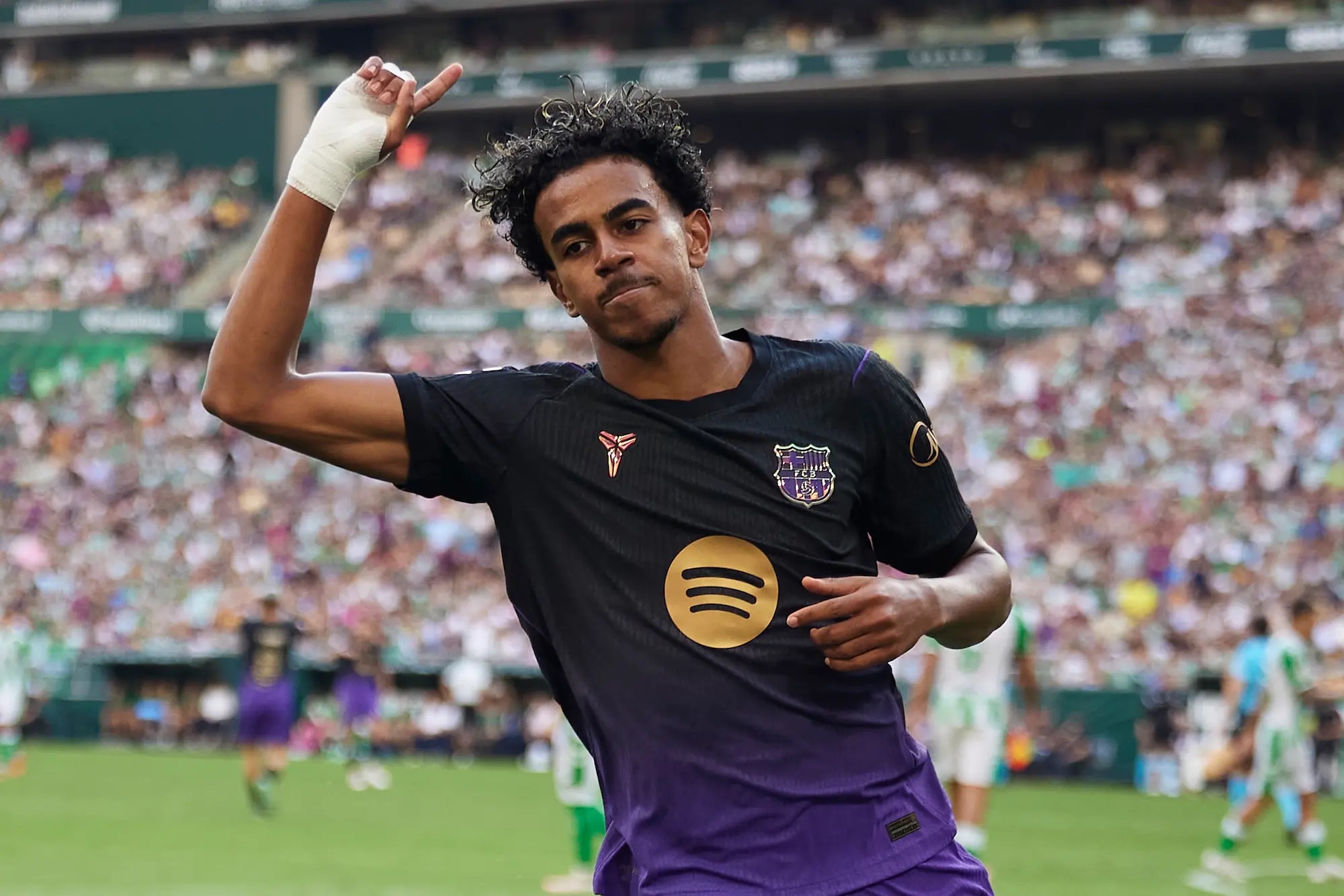 Lamine Yamal of FC Barcelona celebrates after scoring their side's first goal during the LaLiga EA Sports 2026/27 match