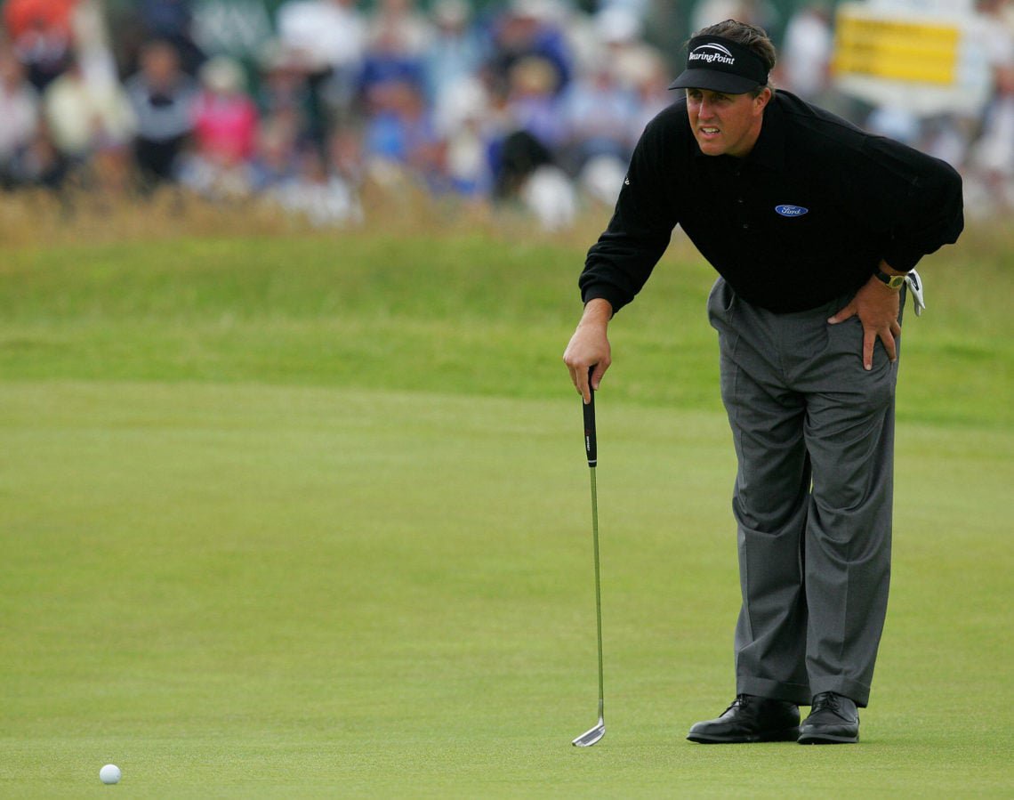 Phil Mickelson US lines up a putt during The Open in 2005