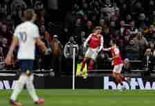 Arsenal's Norwegian midfielder Martin Odegaard (C) celebrates scoring the team's second goal during the English Premier League football match betwe...