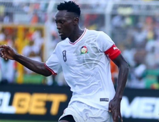 Duke Abuya in action for Harambee Stars against Guinea. PHOTO/Screengrab by K24 Digital/@Harambee__Stars/X