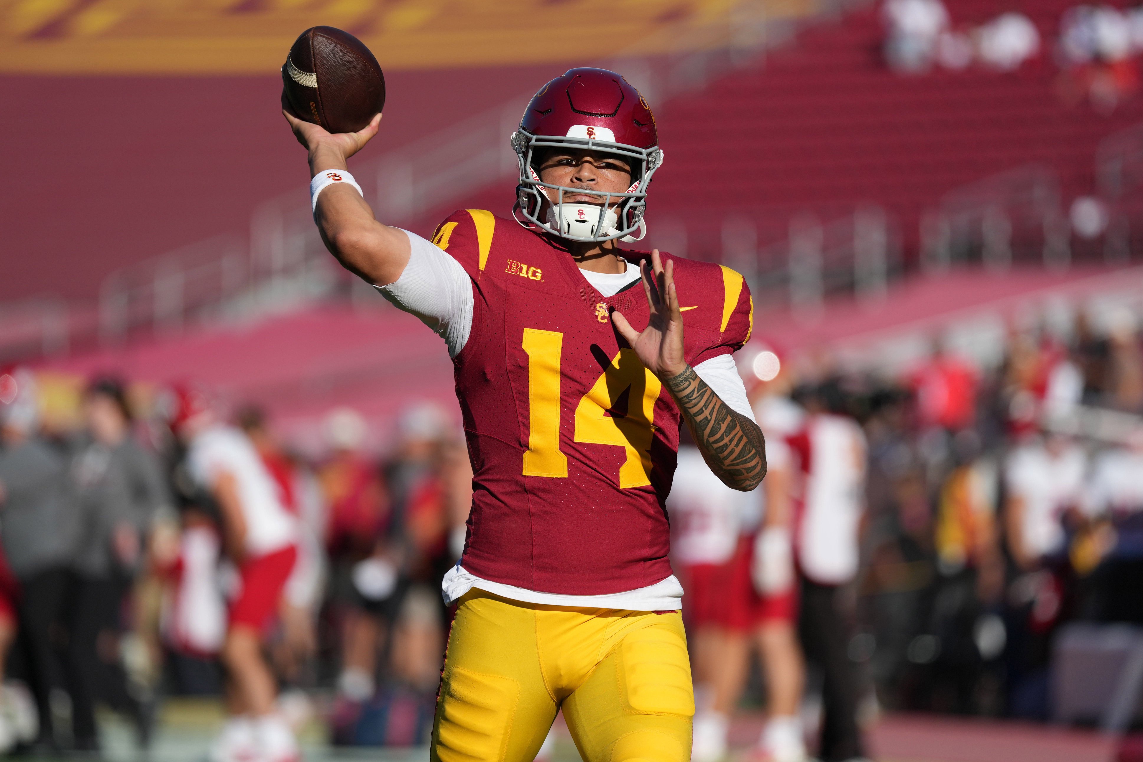 Sep 4, 2026; Los Angeles, California, USA; Southern California Trojans quarterback Jayden Maiava (14) throws the ball before the game against the Fresno State Bulldogs at United Airlines Field at Los Angeles Memorial Coliseum. Mandatory Credit: Kirby Lee-Imagn Images