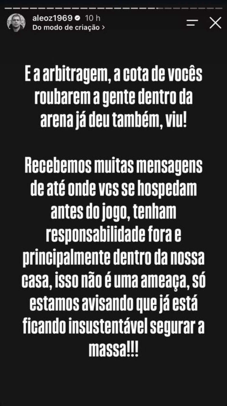 Post do presidente da Gaviões da Fiel, organizada do Corinthians, ameaça árbitros –