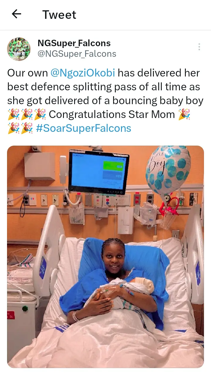 Ngozi Okobi Okeoghene of Nigerian Super Falcons Shares Heartwarming Photo with Newborn Baby