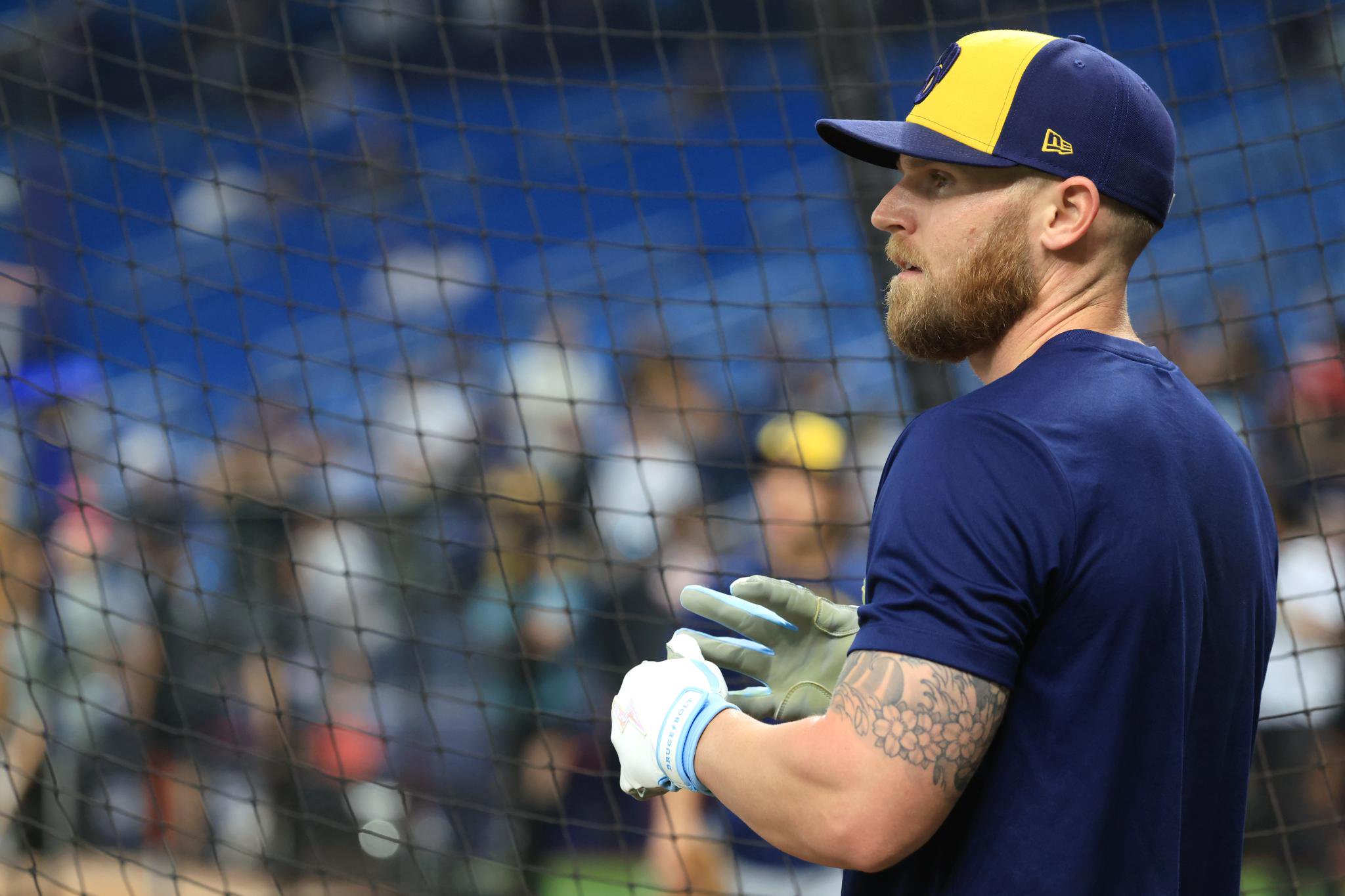 Milwaukee Brewers first baseman Jake Bauers watches batting practice during the World Series.