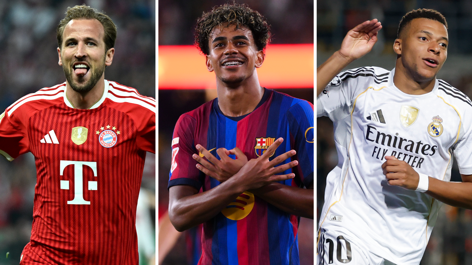 A split screen image of Bayern Munich's Harry Kane, Barcelona's Lamine Yamal and Real Madrid's Kylian Mbappe