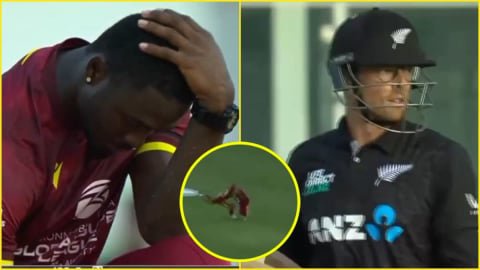Jayden Seales की गेंद पर Mitchell Santner का dropped catch और West Indies vs New Zealand मैच