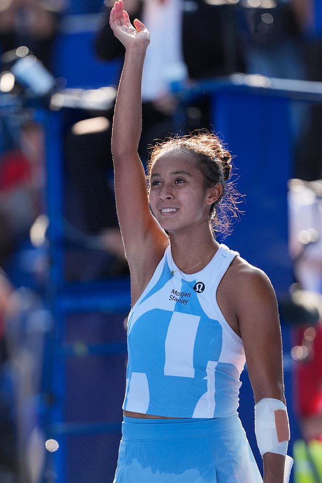 Leylah Fernandez of Canada gestures as she plays against Kamilla Rakhimova of Uzbekistan during their singles semifinal match at the Pan Pacific Open tennis tournament, Saturday, Oct. 31, 2026, in Tokyo. (AP Photo/Eugene Hoshiko)