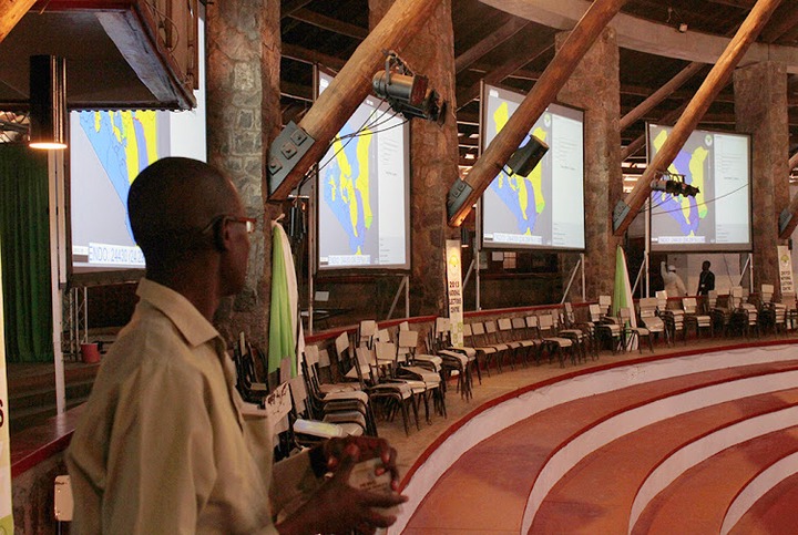 The live stream boards for relaying results already mounted at the auditorium of the Bomas of Kenya in readiness for Monday's general election on February 28, 2013