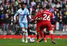 Michael Olise of Crystal Palace in action during the Premier League match between Liverpool FC and Crystal Palace at Anfield on April 14, 2024 in L...