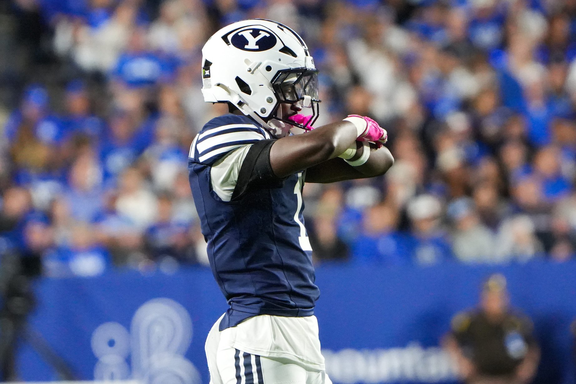 Oct 9, 2026; Provo, Utah, USA; BYU Cougars cornerback Therrian Alexander III (1) as seen during the second half against the Iowa State Cyclones at LaVell Edwards Stadium. Mandatory Credit: Aaron Baker-Imagn Images