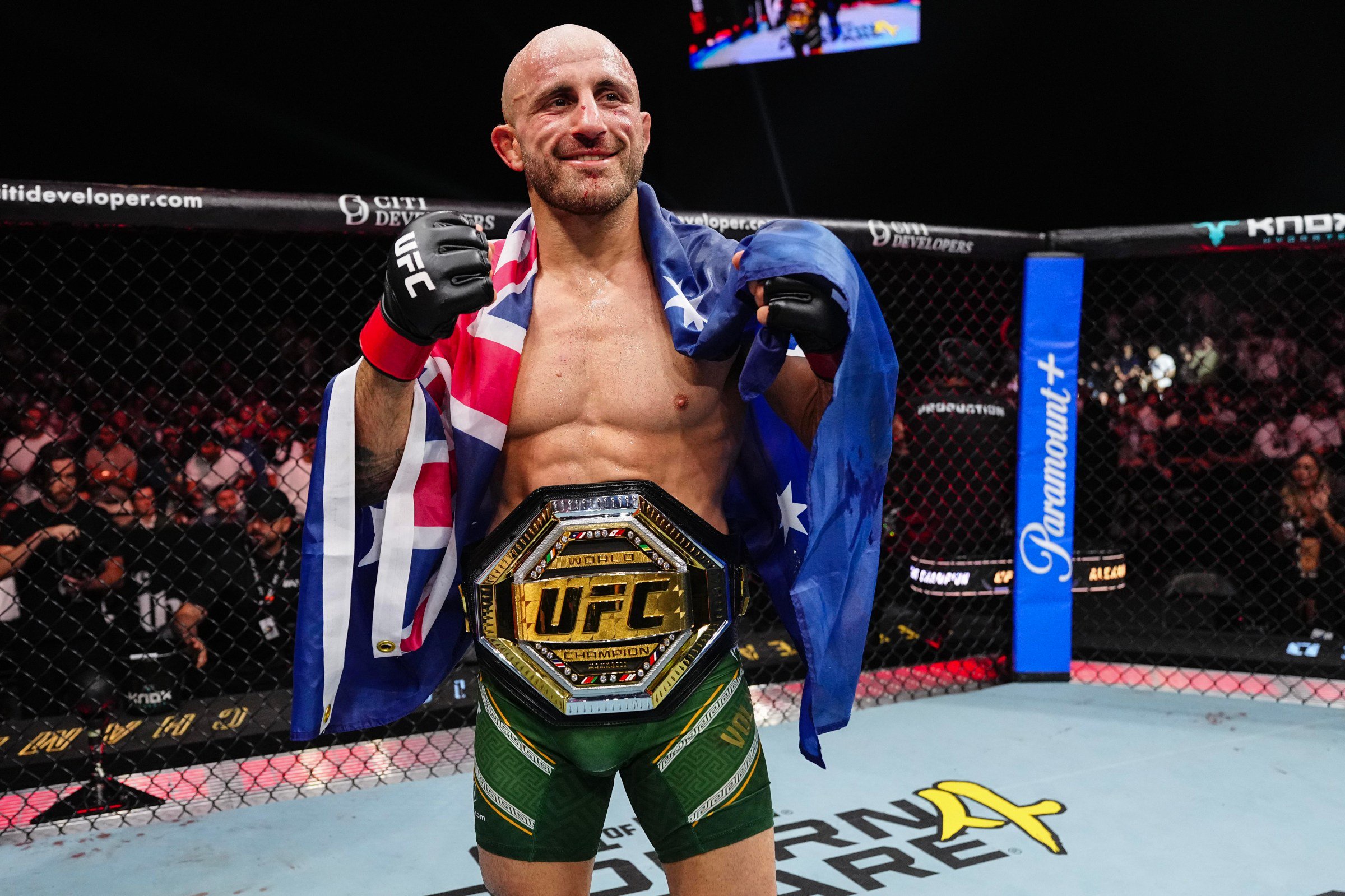 ABU DHABI, UNITED ARAB EMIRATES - OCTOBER 24: Alexander Volkanovski of Australia reacts after a victory against Movsar Evloev of Russia in the UFC featherweight championship fight during the UFC 333 event at Etihad Arena on October 24, 2026 in Abu Dhabi, United Arab Emirates. (Photo by Jeff Bottari/Zuffa LLC)