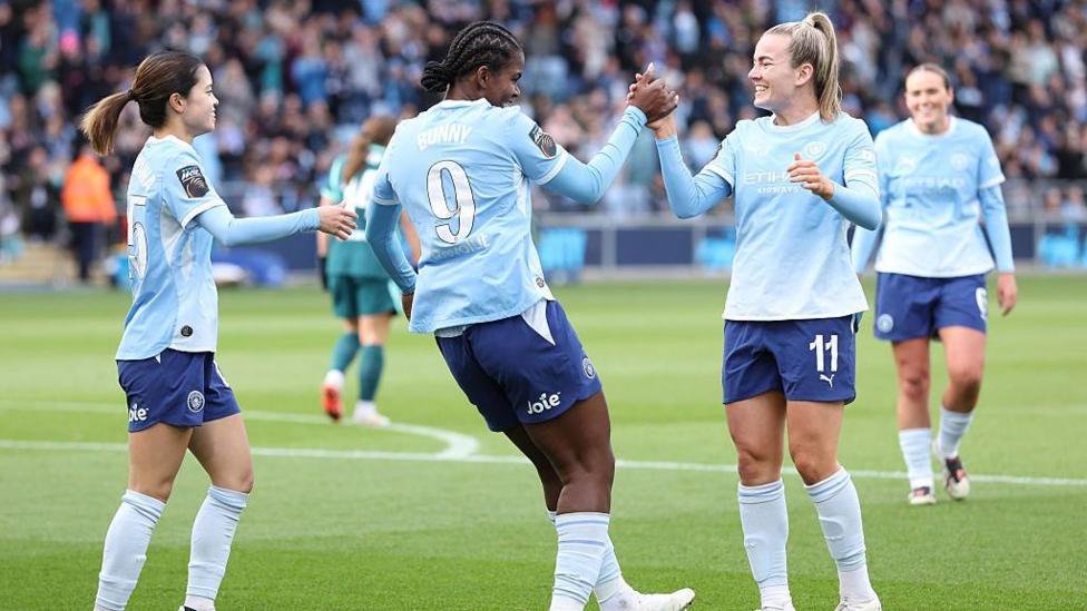 Khadija Shaw celebrates scoring for Manchester City