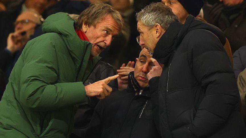 Manchester United part-owner Sir Jim Ratcliffe in heated discussion with director of football Jason Wilcox - with CEO Omar Berrada in between - at Wolves in December 2025