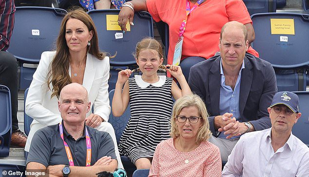 Kate, William and Charlotte are pictured watching&nbsp;a hockey match between England and India at the University of Birmingham during the 2022 Commonwealth Games. Charlotte won over crowds with her cheeky expressions