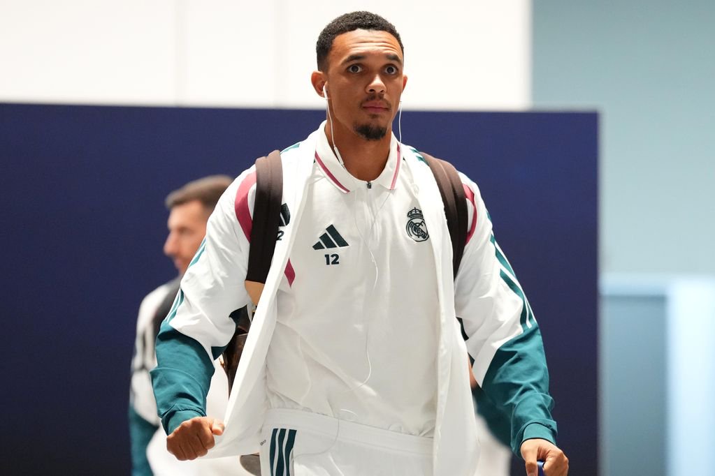 MADRID, SPAIN - OCTOBER 21: Trent Alexander-Arnold of Real Madrid arrives at the stadium before the UEFA Champions League 2026/27 League Phase MD3 match between Real Madrid C.F. and RB Leipzig at Estadio Santiago Bernabeu on October 21, 2026 in Madrid, Spain. (Photo by Angel Martinez - UEFA/UEFA via Getty Images)