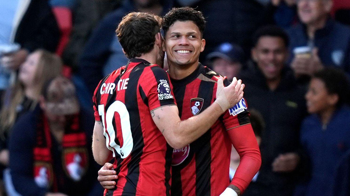 Bournemouth striker Evanilson smiles and hugs team-mate Ryan Christie after scoring against Sunderland on Sunday