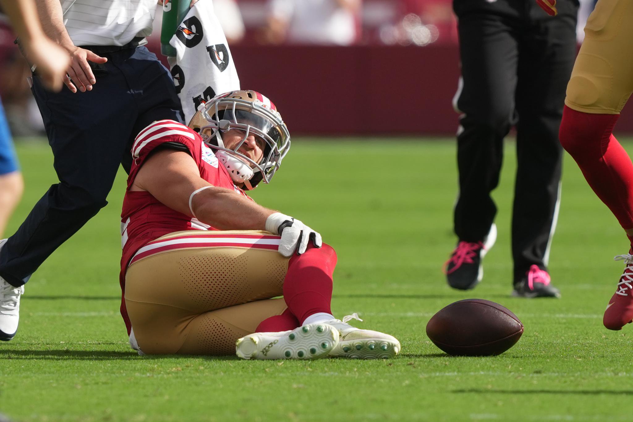 San Francisco 49ers fullback Kyle Juszczyk on the ground after suffering an injury.