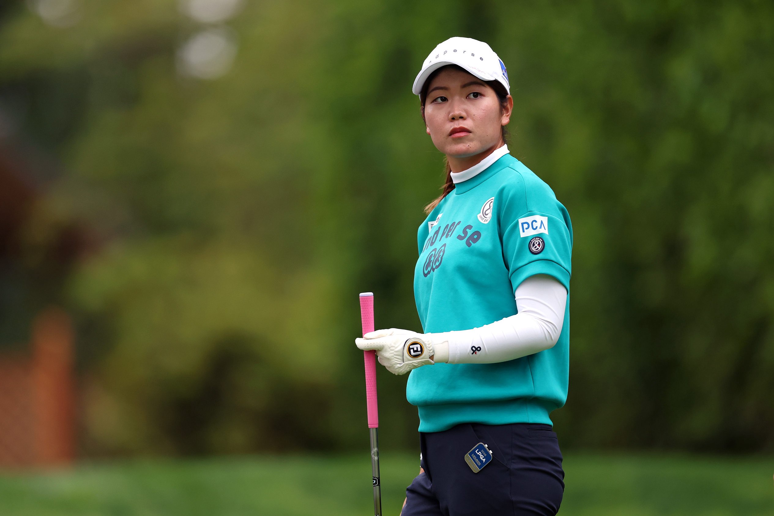 Cocona Sakurai of Japan watches her shot from the fifth tee during the first round of The Standard Portland Classic 2026 at Columbia Edgewater Country Club on August 13, 2026 in Portland, Oregon. 
