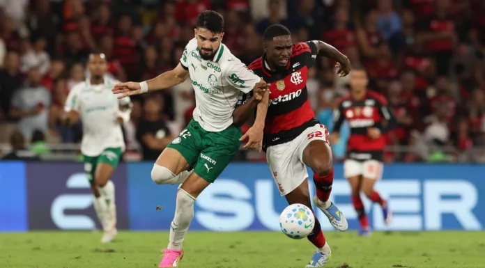 O jogador Flaco López, da SE Palmeiras, disputa bola com o jogador do CR Flamengo, durante partida válida pela décima sétima rodada, do Campeonato Brasileiro, Série A, no Estádio Maracanã. (Foto: Cesar Greco/Palmeiras/by Canon)