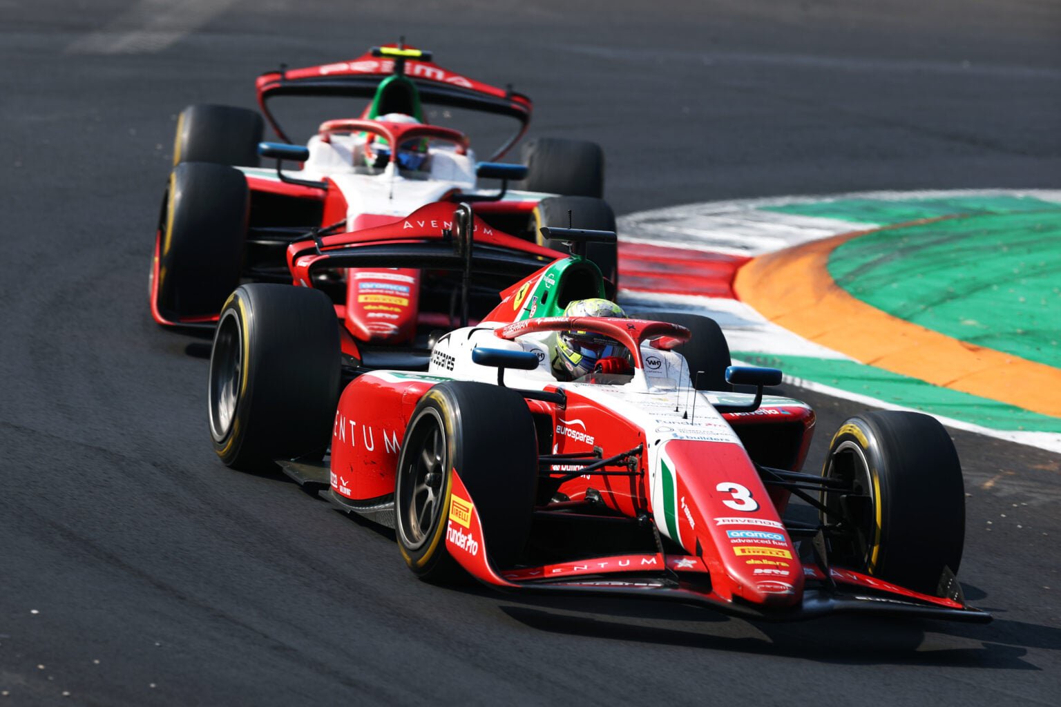 Oliver Bearman leads Andrea Kimi Antonelli on track during the 2024 Formula 2 Monza Feature Race