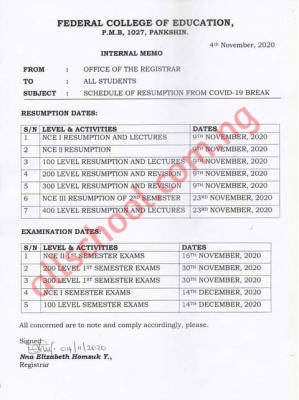 FCE Pankshin Academic Calendar