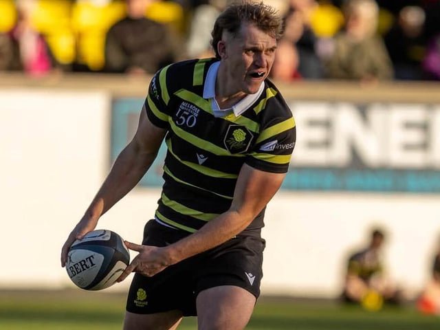 Fly-half Luke Townsend on the ball for Melrose as they beat Hawick 33-12 at home at the Greenyards on Saturday (Photo: Andy McLean)