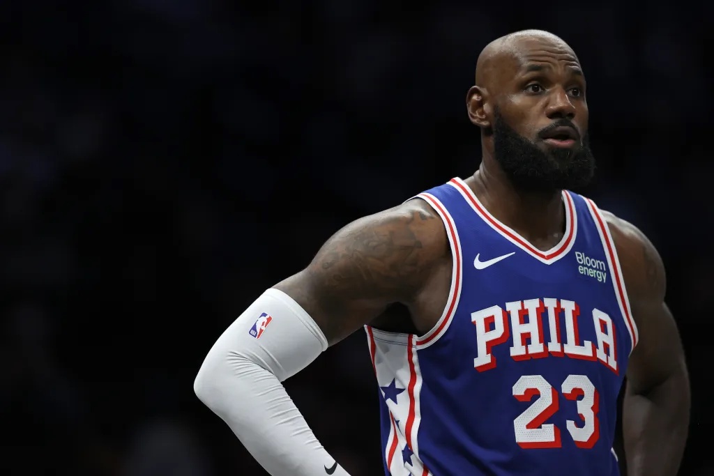 Philadelphia 76ers' LeBron James looks on during a game.