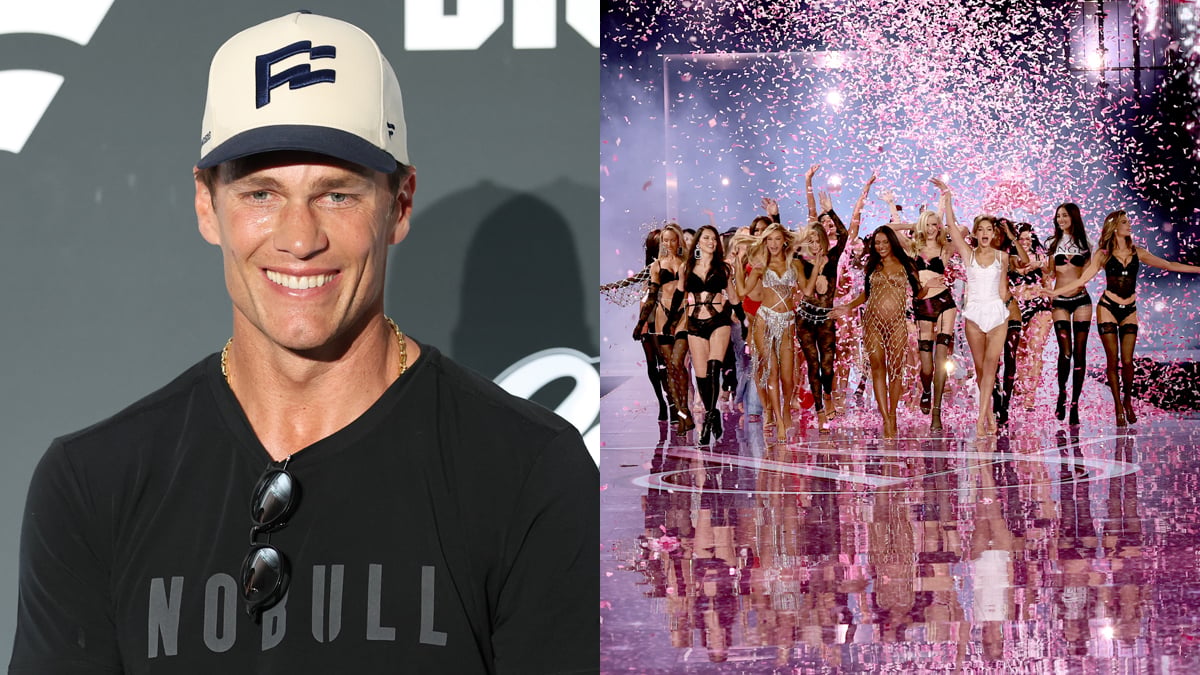 Tom Brady stock image from 2026 on the left, smiling in a hat, with a stock image of the VS Runway Models on the right, walking down the runway in lingerie as confetti falls around them (on the right)