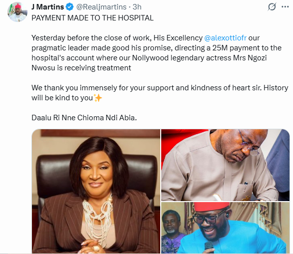 Update: Abia state govt pays N25m for actress Ngozi Nwosu