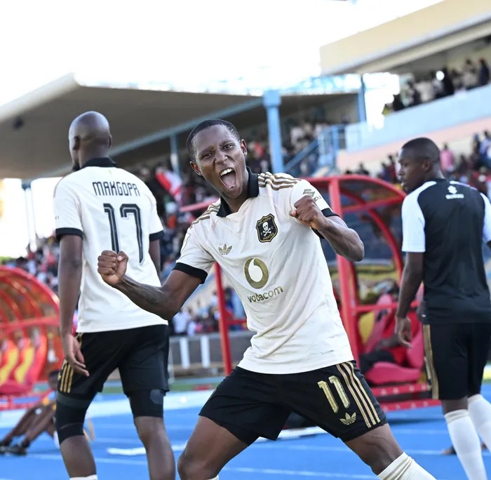 Orlando Pirates' Tshepang Moremi  celebrates his goal against Tshepang Moremi.