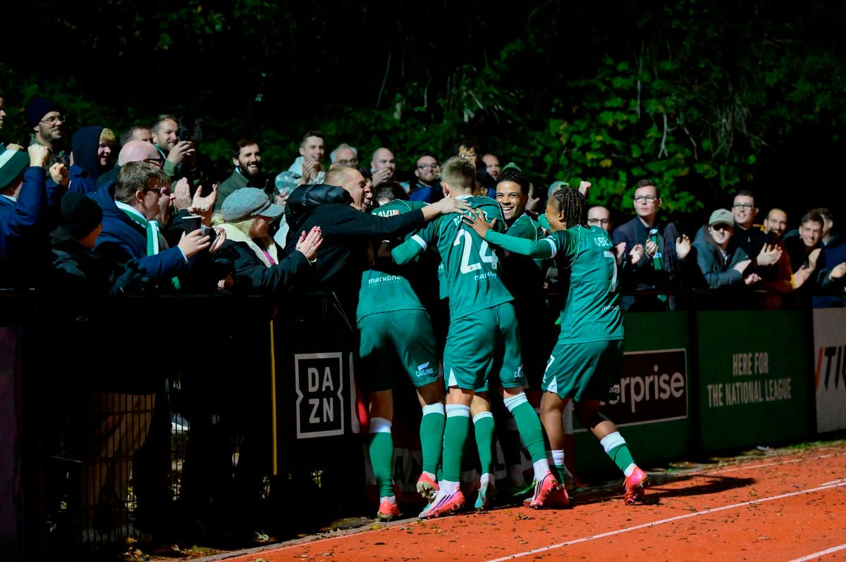 Goal celebrations for Zain Westbrooke of Yeovil Town after scoring the opening goal during the Enterprise National League match between Hornchurch and Yeovil Town at Hornchurch Stadium, Upminster on 27 October 2026 (Photo: Alan Stanford/PPAUK)