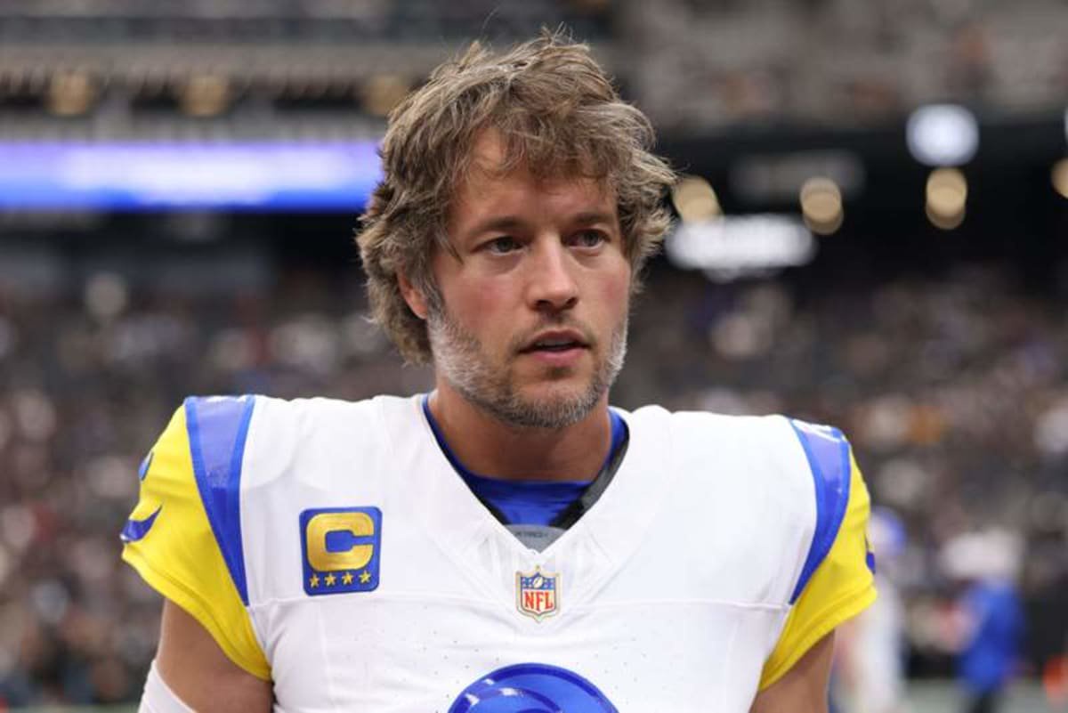 Oct 25, 2026; Paradise, Nevada, USA; Los Angeles Rams quarterback Matthew Stafford (9) practices before the game at Allegiant Stadium. © David Brytus-Imagn Images