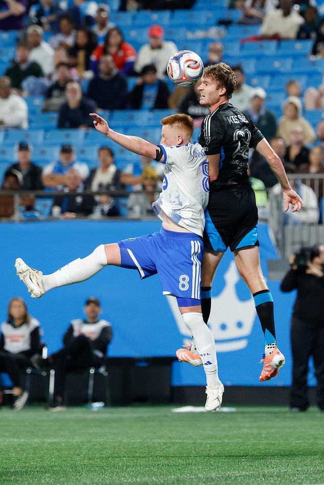 Charlotte FC defender Henry Kessler, right, heads the ball against CF Montreal midfielder Matty Longstaff during the first half of an MLS soccer match in Charlotte, N.C., Wednesday, Oct. 28, 2026. (AP Photo/Nell Redmond)