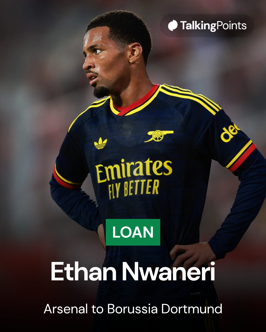 Talking Points graphic of Arsenal player Ethan Nwaneri